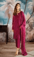Shirt Front: Embroidered Borer Chiffon Shirt Back: Embroidered Borer Chiffon Sleeves: Embroidered Borer Chiffon Dupatta: Embroidered Borer Chiffon Sleeves Lace: Embroidered Silk Trouser: Dyed Raw Silk Trouser Lace: Embroidered Silk
