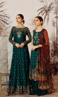 Frock Front & Back: Sequins Embroidered Chiffon Front Bodice: Sequins Embroidered Chiffon Back Bodice: Sequins Embroidered Chiffon Sleeves: Sequins Embroidered Chiffon Dupatta: Sequins Embroidered Printed Chiffon Sleeves Lace: Sequins Embroidered Silk Trouser: Dyed Raw Silk