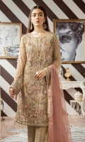 Shirt Front: Embroidered Chiffon with Ada Work Shirt Back: Embroidered Chiffon Sleeves: Dyed Chiffon with Ada Work Dupatta: Dyed Bamber Zari Shawl Front & Back Lace: Embroidered Organza Sleeves Lace: Embroidered Organza Trouser: Dyed Raw Silk