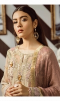 Shirt Front: Embroidered Chiffon with Ada Work Shirt Back: Embroidered Chiffon Sleeves: Dyed Chiffon with Ada Work Dupatta: Dyed Bamber Zari Shawl Front & Back Lace: Embroidered Organza Sleeves Lace: Embroidered Organza Trouser: Dyed Raw Silk