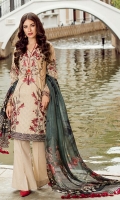 Shirt Front: Lawn Embroidered Shirt Back: Digital Printed Lawn Sleeves: Lawn Embroidered Dupatta: Digital Printed Pure Tissue Silk Daman Lace: Organza Embroidered Sleeves Lace: Organza Embroidered Trouser:...