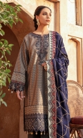 Shirt Front Back & Sleeves: Dyed jacquard Dupatta: Embroidered Viscose Shawl Neck Line: Embroidered Organza Daman Lace: Embroidered Organza Sleeves Lace Embroidered Organza Dupatta Lace 1: Embroidered Silk Dupatta Lace 2: Embroidered Silk Trouser: Dyed Linen