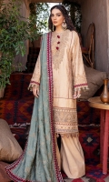 Shirt Front Back & Sleeves: Dyed jacquard Dupatta: Embroidered Viscose Shawl Neck Line: Embroidered Organza Daman Lace 1: Embroidered Organza Daman Lace 2: Embroidered Organza Daman Lace 3: Embroidered Silk Sleeves Lace: Embroidered Organza Dupatta Lace: Embroidered Silk (4 Sides) Trouser: Dyed Linen