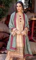 Shirt Front Back & Sleeves: Dyed jacquard Dupatta: Embroidered Viscose Shawl Neck Line: Embroidered Organza Daman Lace 1: Embroidered Organza Daman Lace 2: Embroidered Organza Daman Lace 3: Embroidered Silk Sleeves Lace: Embroidered Organza Dupatta Lace: Embroidered Silk (4 Sides) Trouser: Dyed Linen