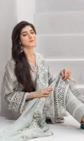 Shirt Front: Embroidered Lawn Shirt Back: Dyed Lawn Sleeves: Embroidered Lawn Daman Lace: Embroidered Organza Sleeves Lace: Embroidered Organza Dupatta: Embroidered chiffon Trouser: Dyed Cambric