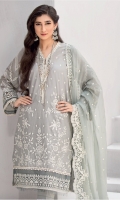 Shirt Front: Embroidered Lawn Shirt Back: Dyed Lawn Sleeves: Embroidered Lawn Daman Lace: Embroidered Organza Sleeves Lace: Embroidered Organza Dupatta: Embroidered chiffon Trouser: Dyed Cambric