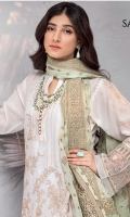 Shirt Front: Embroidered Lawn Shirt Back: Dyed Lawn Sleeves: Embroidered Lawn Daman Lace: Embroidered Organza Sleeves Lace: Embroidered Organza Dupatta: Dyed Cotton Jacquard Shawl Trouser: Dyed Cambric