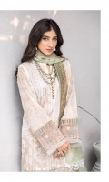 Shirt Front: Embroidered Lawn Shirt Back: Dyed Lawn Sleeves: Embroidered Lawn Daman Lace: Embroidered Organza Sleeves Lace: Embroidered Organza Dupatta: Dyed Cotton Jacquard Shawl Trouser: Dyed Cambric