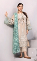 Shirt Front: Embroidered Lawn Shirt Back: Dyed Lawn Sleeves: Embroidered Lawn Daman Lace: Embroidered Lawn Sleeves Lace: Embroidered Organza Dupatta: Embroidered chiffon Trouser: Dyed Cambric
