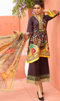 PRINTED & EMBROIDERED FRONT 1.15M PRINTED BACK & SLEEVES 1.85M DYED TROUSER 2.5M CHIFFON DUPATTA 2.5M EMBROIDERED LACE 1M