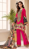 PRINTED & EMBROIDERED FRONT 1.15M PRINTED BACK & SLEEVES 1.85M PRINTED TROUSER 2.5M CHIFFON DUPATTA 2.5M EMBROIDERED PANNEL 1