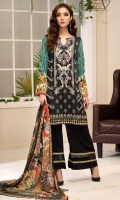 PRINTED & EMBROIDERED FRONT 1.15M PRINTED BACK & SLEEVES 1.85M PRINTED TROUSER 2.5M CHIFFON DUPATTA 2.5M EMBROIDERED BORDER  0.75M EMBROIDERED LACE 1.25M