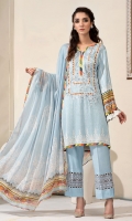 PRINTED & EMBROIDERED FRONT 1.15M PRINTED BACK & SLEEVES 1.85M DYED TROUSER 2.5M CHIFFON DUPATTA 2.5M EMBROIDERED LACE 1.25M