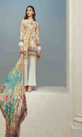 Printed and Embroidered front 1.25 M Printed back and sleeves 1.9M Dyed trouser 2.5 M Silk Dupatta 2.5M Embroidered Patti 1 M
