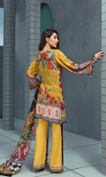Printed front 1.25 M Printed back and sleeves 1.9M Dyed trouser 2.5 M, Chiffon Dupatta 2.5M Embroidered Motif 1 and Embroidered lace 1.8M
