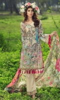 Printed front 1.25 M Printed back and sleeves 1.9M Printed trouser 2.5 M Chiffon Dupatta 2.5M Embroidered Motif 1.