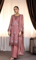 Embroidered Chiffon Front Embroidered Chiffon Side Pannels Plain Chiffon Back Embroidered Chiffon Sleeves Embroidered Chiffon Dupatta Embroidered Organza Border For Front (Hand Made) Embroidered Organza Border For Back Embroidered Organza Neckline (Hand Made) Dyed Trouser 