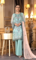Embroidered Chiffon Front Embroidered Chiffon Side Pannels Plain Chiffon Back Embroidered Chiffon Sleeves Embroidered Chiffon Dupatta (Contrast) Embroidered Organza Border For Front (Hand Made) Embroidered Organza Border For Back Embroidered Organza Neckline (Hand Made) Dyed Trouser