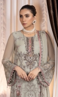Embroidered Chiffon Front Embroidered Chiffon Side Pannels Embroidered Chiffon Back Embroidered Chiffon Sleeves Embroidered Chiffon Dupatta Embroidered Organza Border For Front (Hand Made) Embroidered Organza Border For Back Embroidered Organza Neckline (Hand Made) Dyed Trouser 