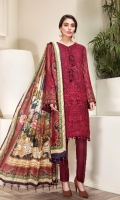 EMBROIDERED  CHIFFON FRONT EMBROIDERED CHIFFON BACK EMBROIDERED CHIFFON SLEEVES PURE TISSUE SILK DUPATTA EMBROIDERED SLEEVES GRIP BORDERS EMBROIDERED FRONT & BACK BORDERS DYED TROUSER