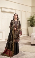 EMBROIDERED  CHIFFON FRONT EMBROIDERED CHIFFON BACK EMBROIDERED CHIFFON SLEEVES DYED ORGANZA JACQUARD DUPATTA EMBROIDERED SLEEVES BORDER EMBROIDERED FRONT & BACK BORDERS DYED TROUSER DYED ORGANZA PATCH