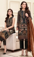 EMBROIDERED CHIFFON FRONT EMBROIDERED CHIFFON BACK EMBROIDERED FRONT & BACK BORDERS  EMBROIDERED CHIFFON DUPATTA EMBROIDERED DUPATTA BORDER DYED TROUSER TROUSER PATCH