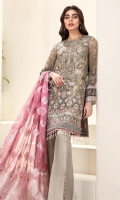 EMBROIDERED  CHIFFON FRONT EMBROIDERED CHIFFON BACK EMBROIDERED CHIFFON SLEEVES EMBROIDERED SLEEVES GRIP BORDER EMBROIDERED SLEEVES ORGANZA BORDER EMBROIDERED FRONT & BACK BORDERS DYED ORGANZA JACQUARD DUPATTA DYED TROUSER DYED ORGANZA 