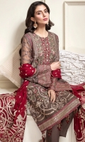 EMBROIDERED CHIFFON FRONT EMBROIDERED CHIFFON BACK EMBROIDERED CHIFFON SLEEVES EMBROIDERED SLEEVES BORDER EMBROIDERED FRONT & BACK BORDERS EMBROIDERED CHIFFON DUPATTA EMBROIDERED DUPATTA PATCH DYED TROUSER