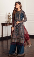 Embroidered Chiffon Front Embroidered Chiffon Back Embroidered Front & Back Borders Embroidered Chiffon Sleeves Embroidered Sleeves Borders Embroidered Chiffon Dupatta Embroidered Trouser Patch Dyed Raw Silk Trouser