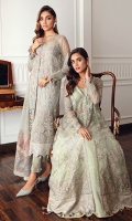Embroidered Net Right & Left Panels Embroidered Net Back Embroidered Front & Back Borders Embroidered Net Sleeves Embroidered Net Dupatta Embroidered Dupatta Patches Dyed Raw Silk Trouser
