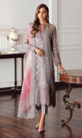 Embroidered Chiffon Front Embroidered Chiffon Back Embroidered Front & Back Borders Embroidered Chiffon Sleeves Embroidered Sleeves Border Embroidered Tie & Dye Organza Dupatta Embroidered Dupatta Borders Dyed Raw Silk Trouser