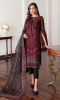 Embroidered Chiffon Front Embroidered Chiffon Back Embroidered Front & Back Borders Embroidered Chiffon Sleeves Embroidered Sleeves Border Embroidered Organza Dupatta Embroidered Dupatta Patches Dyed Raw Silk Trouser