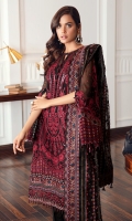 Embroidered Chiffon Front Embroidered Chiffon Back Embroidered Front & Back Borders Embroidered Chiffon Sleeves Embroidered Sleeves Border Embroidered Organza Dupatta Embroidered Dupatta Patches Dyed Raw Silk Trouser