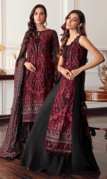 Embroidered Chiffon Front Embroidered Chiffon Back Embroidered Front & Back Borders Embroidered Chiffon Sleeves Embroidered Sleeves Border Embroidered Organza Dupatta Embroidered Dupatta Patches Dyed Raw Silk Trouser