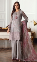 Embroidered Chiffon Front Embroidered Chiffon Back Embroidered Front & Back Borders Embroidered Chiffon Sleeves Embroidered Sleeves Border Embroidered Tie & Dye Organza Dupatta Embroidered Dupatta Borders Dyed Raw Silk Trouser