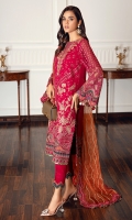 Embroidered Chiffon Front Embroidered Chiffon Back Embroidered Front & Back Borders Embroidered Chiffon Sleeves Embroidered Chiffon Sleeves Borders Embroidered Organza Dupatta Embroidered Dupatta Patches Embroidered Trouser Patch Dyed Raw Silk Trouser