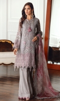 Embroidered Chiffon Front Embroidered Chiffon Back Embroidered Front & Back Borders Embroidered Chiffon Sleeves Embroidered Sleeves Border Embroidered Tie & Dye Organza Dupatta Embroidered Dupatta Borders Dyed Raw Silk Trouser