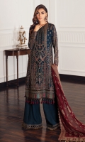 Embroidered Chiffon Front Embroidered Chiffon Back Embroidered Front & Back Borders Embroidered Chiffon Sleeves Embroidered Sleeves Borders Embroidered Chiffon Dupatta Embroidered Trouser Patch Dyed Raw Silk Trouser