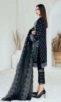 Embroidered Lawn Front & Back Embroidered Lawn Sleeves Embroidered Lawn Front, Back & Sleeves Border Embroidered Organza Dupatta Dyed trouser Dyed Organza