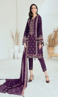 Embroidered Lawn Front Dyed Lawn Back Embroidered Lawn Sleeves Embroidered Lawn Sleeves Border Embroidered Lawn Front & Back Border Embroidered Chiffon Dupatta Dyed Organza Dyed Trouser