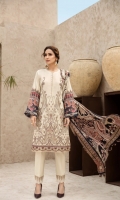 PRINTED EMBROIDERED FRONT PRINTED BACK & SLEEVES PRINTED SILK DUPATTA EMBROIDERED FRONT BORDER EMBROIDERED TROUSER PATCH DYED ORGANZA DYED CAMBRIC LAWN TROUSER