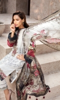 PRINTED EMBROIDERED FRONT PRINTED BACK & SLEEVES PRINTED CHIFFON DUPATTA EMBROIDERED FRONT BORDER EMBROIDERED NECKLINE PATCH DYED ORGANZA DYED CAMBRIC LAWN TROUSER