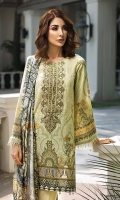 Printed Viscose Net Dupatta Printed Linen Shirt Embroidered Front Neck Patch Embroidered Trouser Patch Dyed Trouser