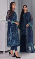 Embroidered Organza Front Panel Embroidered Organza Left & Right Panels Embroidered Organza Sleeves Embroidered Front & Back Borders Embroidered Sleeves Border Embroidered Organza Dupatta Embroidered Laser Cut Organza Dupatta Patch Embroidered Dupatta Border Dyed Organza Back Dyed Rawsilk Trouser