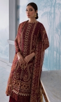 Embroidered Khaadi Net Left & Right Panels Embroidered Khaadi Net Sleeves Embroidered Front & Back Borders Embroidered Sleeves Borders Embroidered Print Organza Dupatta Embroidered Dupatta Patches Dyed Khaadi Net Back Dyed Rawsilk Trouser