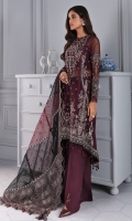 Embroidered Chiffon Front Embroidered Chiffon Left & Right Panels Embroidered Chiffon Sleeves Embroidered Sleeves Border Embroidered Front & Back Borders Embroidered Organza Dupatta Stripes Embroidered Dupatta Patches Dyed Chiffon Back Dyed Rawsilk Trouser