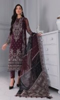 Embroidered Chiffon Front Embroidered Chiffon Left & Right Panels Embroidered Chiffon Sleeves Embroidered Sleeves Border Embroidered Front & Back Borders Embroidered Organza Dupatta Stripes Embroidered Dupatta Patches Dyed Chiffon Back Dyed Rawsilk Trouser