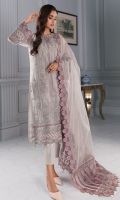 Embroidered Organza Front Panel Embroidered Organza Front, Left & Right Panels Embroidered Organza Sleeves Embroidered Front & Back Borders Embroidered Sleeves Border Embroidered Dupatta Borders Dyed Rawsilk Trouser