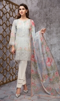 Digital Printed Shirt Embroidered Neck Patti Embroidered Sleeves Patch Embroidered Front Border Patch Digital Printed Chiffon Dupatta Dyed Trouser 