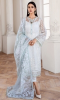 EMBROIDERED NET FRONT EMBROIDERED NET BACK EMBROIDERED NET SLEEVES EMBROIDERED FRONT & BACK BORDER EMBROIDERED SLEEVES BORDERS PASTE PRINTED ORGANZA DUPATTA DYED TROUSER